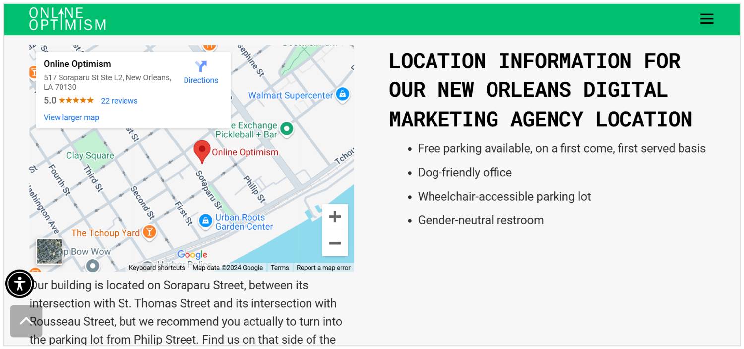 sitio web de Online Optimism con Google Maps incrustado